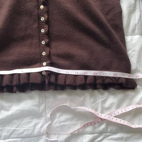 NEW Ruffle Cardigan Brown Button Up Crew Neck Long Sleeve - Picture 7 of 9